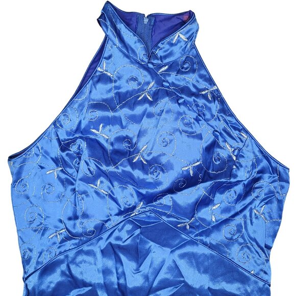 Jessica McClintock Gunne Sax Blue Embroidered Satin Halter Maxi Dress Size 11/12 - Picture 5 of 5